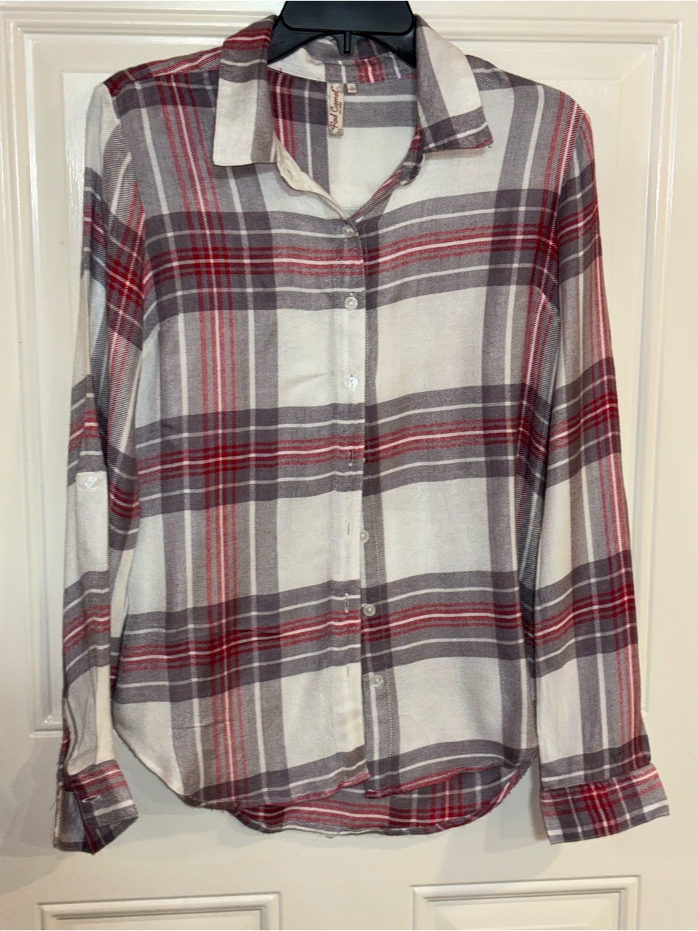 Red Camel Plaid Button-Down Shirt in White, Gray & Red